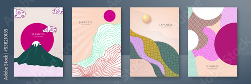 Geometric template in traditional Japan style, modern abstract covers set. Template for flyers, banners, brochures. Landscape background with Japanese pattern.Asian poster design. Vector illustration.