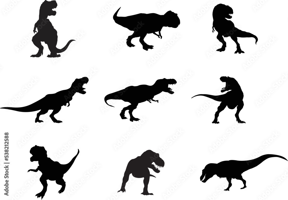 A vector collection of Tyrannosaurus rex silhouettes for artwork compositions.