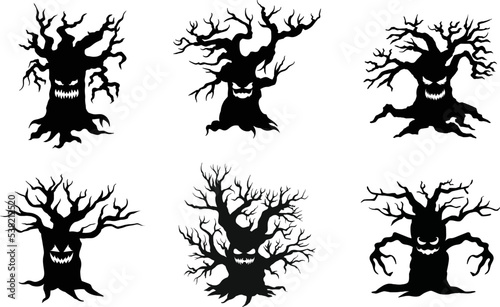 A vector collection of spooky halloween tree faces for artwork compositions.