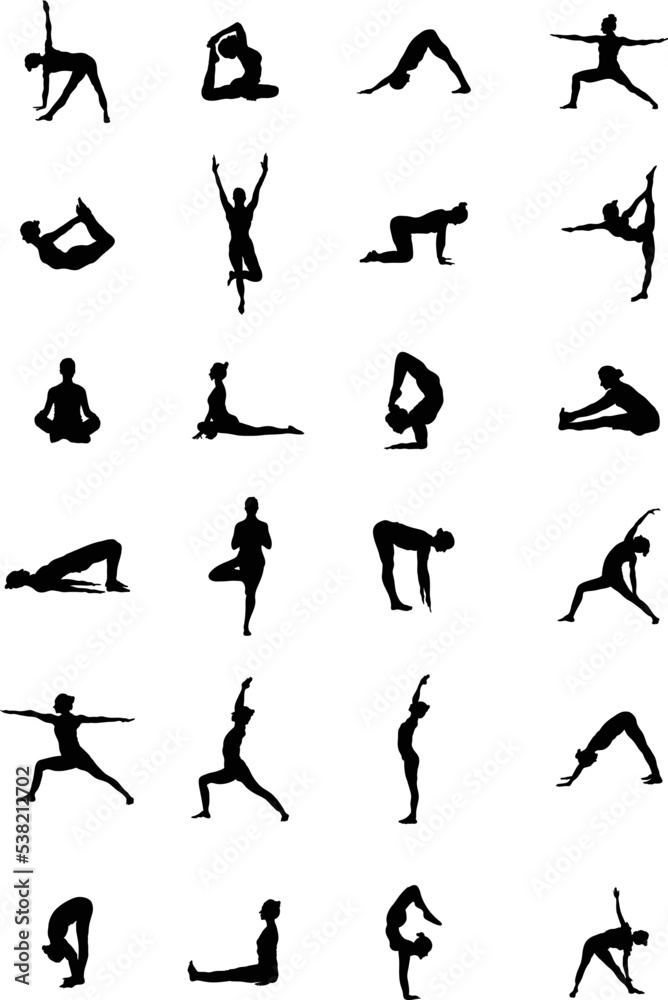 A vector collection of yoga position silhouettes for artwork compositions.