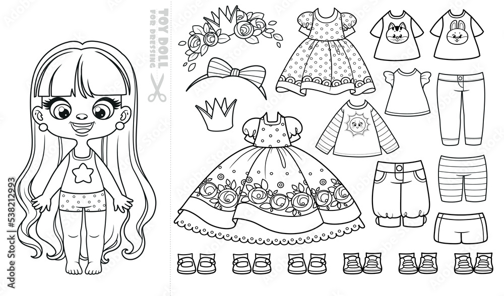 Cute cartoon long haired girl in underwear and with a set of clothes ...