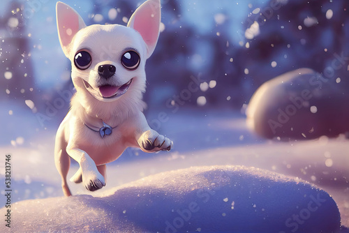 Chihuahua puppy playing in the snow