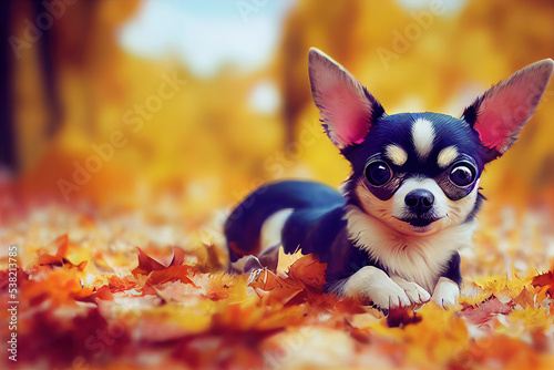 Chihuahua puppy playing in autumn Generative AI