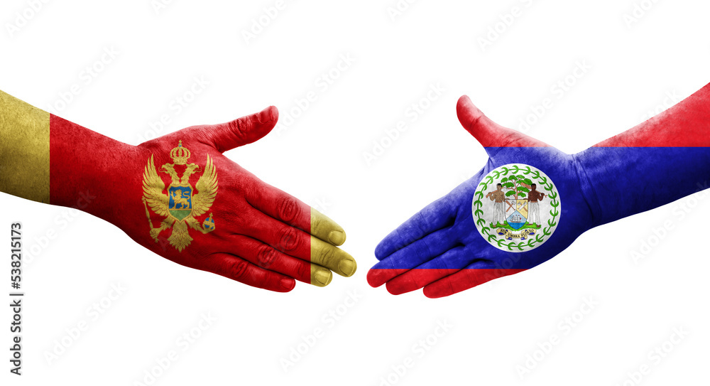Handshake between Belize and Montenegro flags painted on hands, isolated transparent image.
