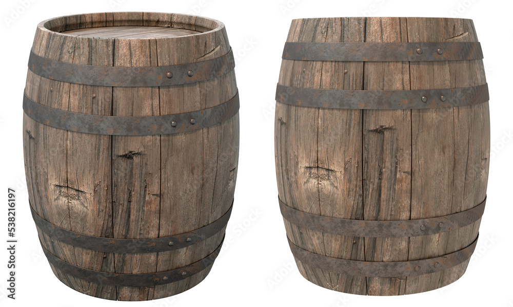 Fototapeta premium An old, cracked wooden barrel with steel hoops. 3d rendering