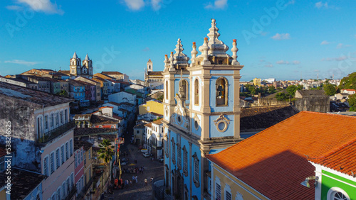 Pelourinho Church with colorful buildings - Salvador, Bahia, Brazil