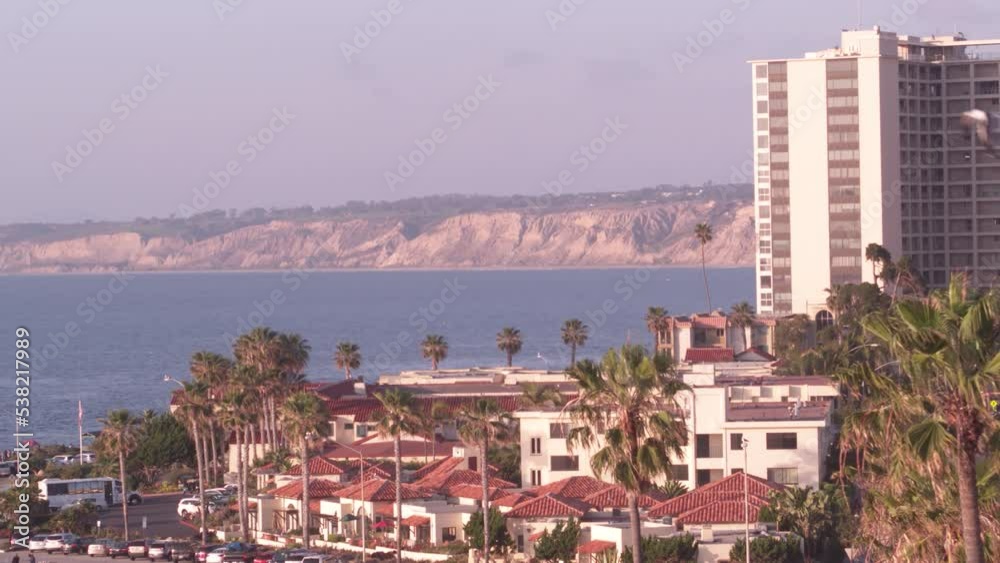San Diego California coast sunset aerial buildings and seagulls San Diego California coast sunset aerial buildings and seagulls