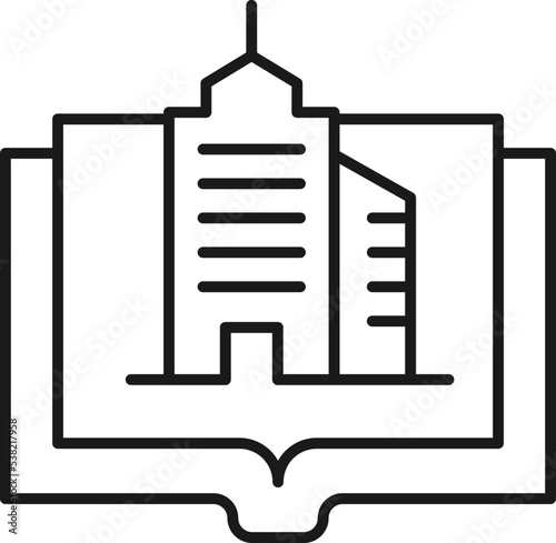 Book, reading, novel, education. Simple isolated pictogram for web sites, stores, articles, adverts. Editable stroke. Vector line icon of office center or skyscraper over opened book