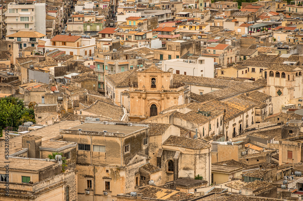 aerial landscape of Scicli with beautiful historic buildings in the Baroque style
