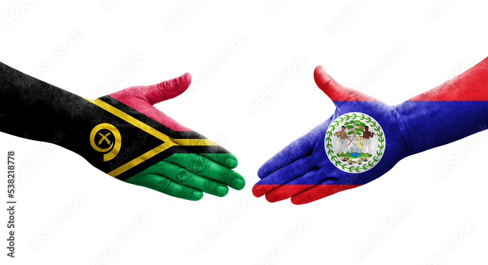 Handshake between Belize and Vanuatu flags painted on hands, isolated transparent image.
