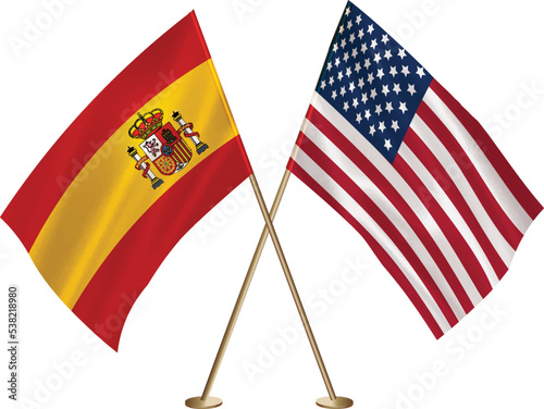 Spain,US flag together.American,waving flag together