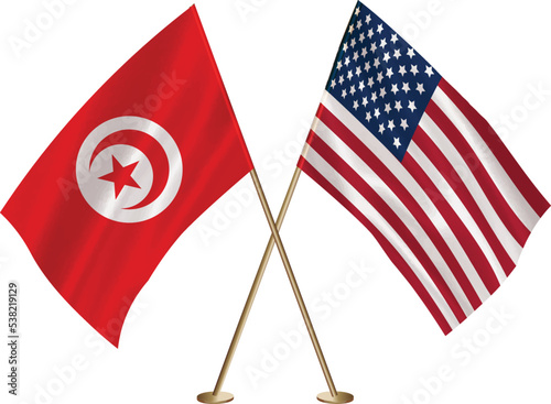  Tunisia,US flag together.American,Tunisian waving flag together