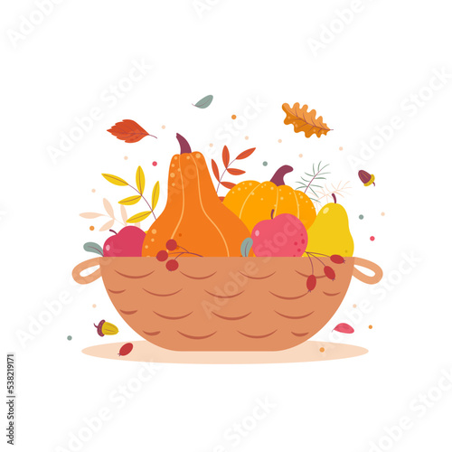 Harvest basket with apples, pumpkins, pears, autumn leaves, berries. Autumn harvest basket, isolated on a white background. Thanksgiving Day. Flat cartoon vector illustration.