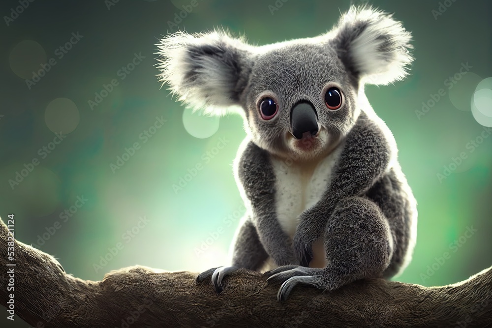 Fototapeta premium Tiny cute adorable koala in the jungle, intricate details. Cartoon big eyed close up portrait. Soft cinematic lighting, animation style character, anime style, 3d illustration.