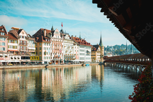 view of the city from the wooden bridge in Lucerne Switzerland 