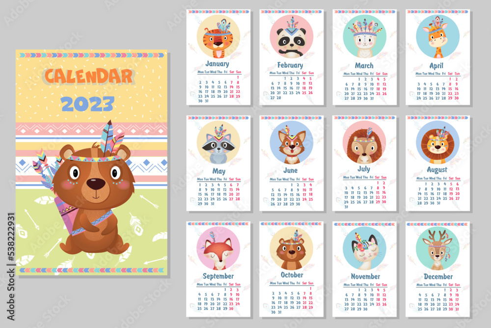 Obraz premium Stylish 2023 cute Yearly Calendar design with wild Indians animals on white