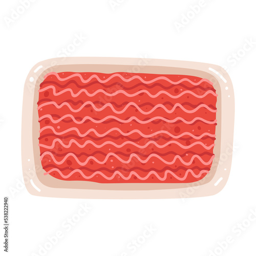 Flat vector illustration of minced meat in a package. A painted product on a white background.