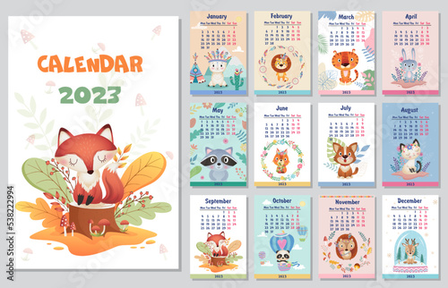 Stylish 2022 cute Yearly Calendar design with flowers leaves feathers with Indians animals on different Background