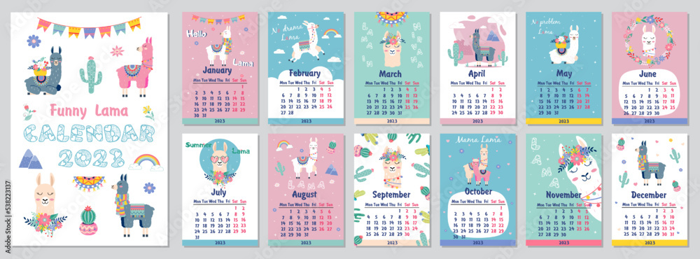 2023 Cute monthly calendar with llama,luggage,cactus,geometrical for children.Can be used for web,banner,poster,label and printable