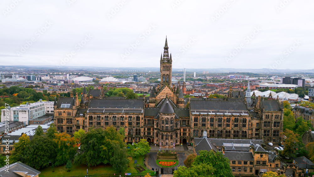 University of Glasgow - historic main building from above - aerial view - travel photography