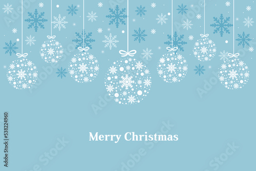 Modern christmas hanging baubles on blue. Merry christmas card background.