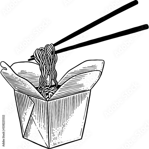 Hand drawn Chinese Noodles in Takeout Box Sketch Illustration