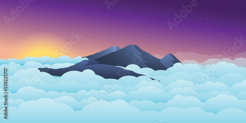 peaceful beautiful sunrise over prau mountains with ocean of clouds, Use as landscape background or wallpaper. photo