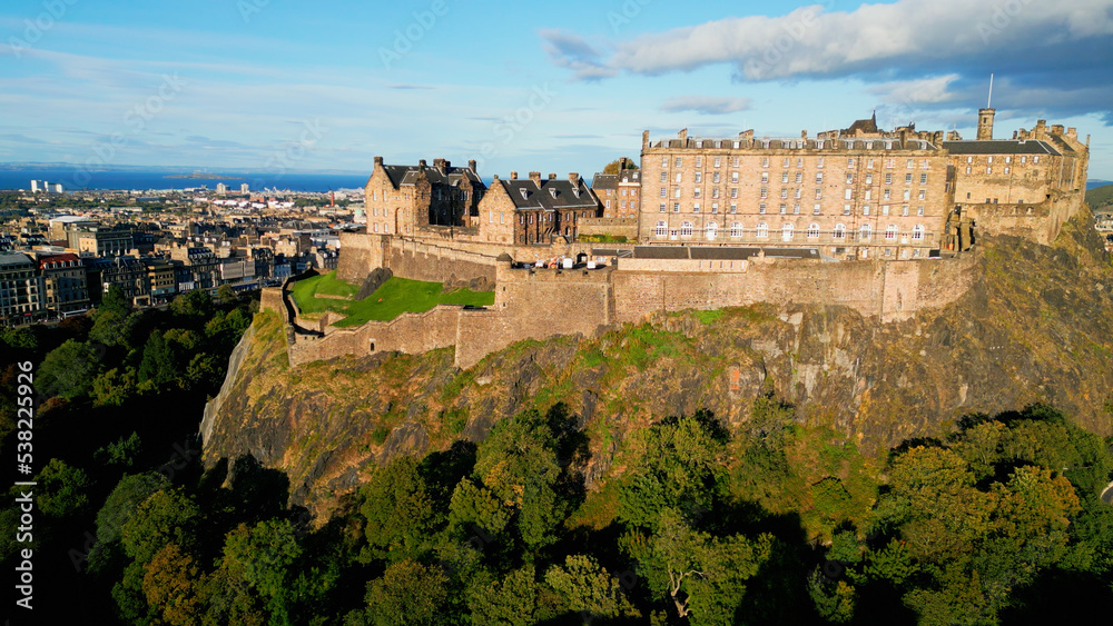 Famous Edinburgh Castle on Castle Hill - aerial view - travel photography