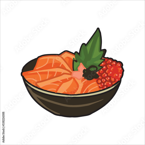 Traditional Japanese or asian food, Rice with salmon and salmon roe in a bowl object vector illustration for doodle art