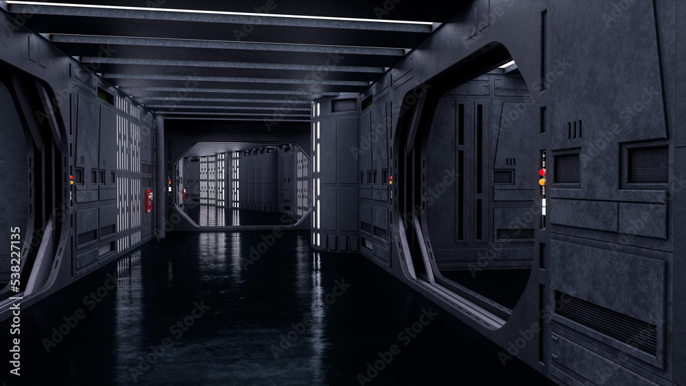 Futuristic science fiction space ship corridor with metallic walls. 3D rendering. Futuristic science fiction space ship corridor with metallic walls. 3D rendering.