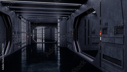 Fototapeta Naklejka Na Ścianę i Meble -  Futuristic science fiction space ship corridor with metallic walls. 3D rendering.