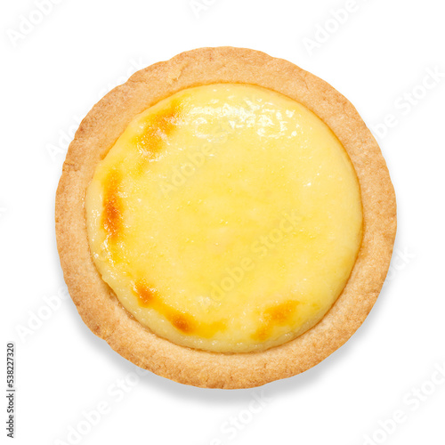 Top view close-up photo of baked cheese tart that will make you hungry. Delicious lemon cream look clear and glossy by lighting techniques in studio. Transparent background. 