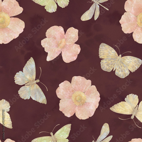 Seamless pattern of butterflies dragonflies and flowers.