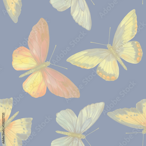 Seamless pattern for design. Colorful watercolor butterflies painted on a purple background.