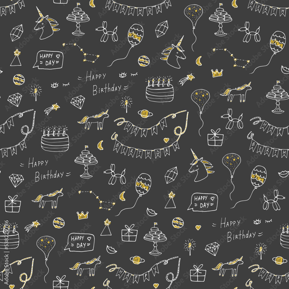 Naklejka premium Happy Birthday doodle vector seamless pattern.