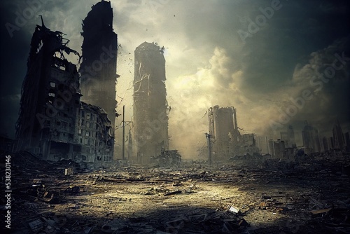 A post-apocalyptic ruined city. Destroyed buildings, destroyed roads, blown up skyscrapers. The concept of the apocalypse. 3d rendering