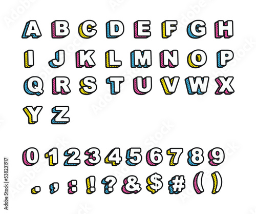 vector alphabet set with cute cmyk polka dot letters, numbers, and symbols