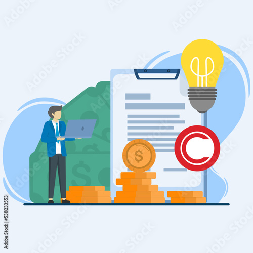 Intellectual property concept, patented protection, copyright protected or trademarked products can not copy the concept, the owner of the entrepreneur stands beside the paper as a patent.