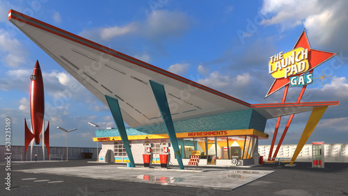 3D Illustration of Mid Century Modern Gas Service Station in the Vintage Googie Style Popular in the 60's and 70's.  All Logos and Graphics are Fictitious.
