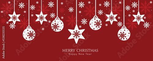 Red christmas background with hanging snowflake  winter snow bauble and flakes ornament. Merry Christmas vector banner.