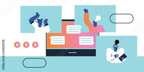 Friends chatting. New generation. Young men and women in trendy hipster symptomatology. The concept of social networks, virtual relationships. Vector flat illustration.