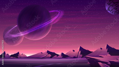 Mars purple space landscape with large planets on purple starry sky, meteors and mountains on the horizon