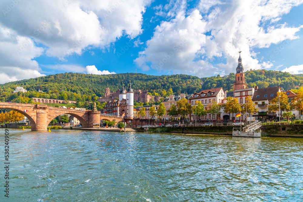 The Karl Theodor Bridge, commonly knows as the Old Bridge, and the Bridge Gate along the Neckar River in the Bavarian city of Heidelberg.	