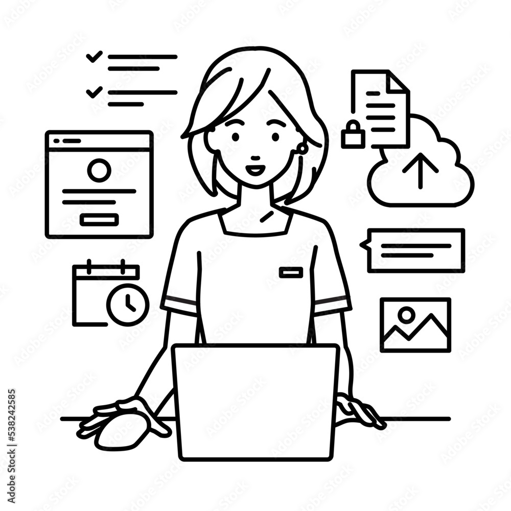 デスクで座ってPCでプロジェクトやタスクの管理の仕事をしているエステ店員・受付・接客係の女性