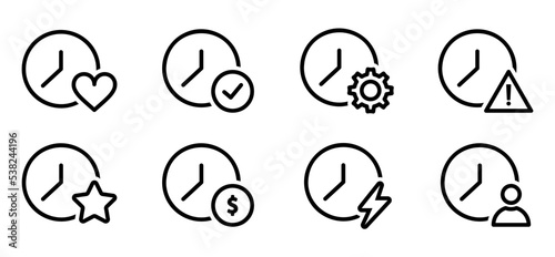 Conjunto de iconos de reloj. Corazón, verificación, configuración, alerta, estrella, dinero, eléctrico, usuario. Ilustración vectorial
