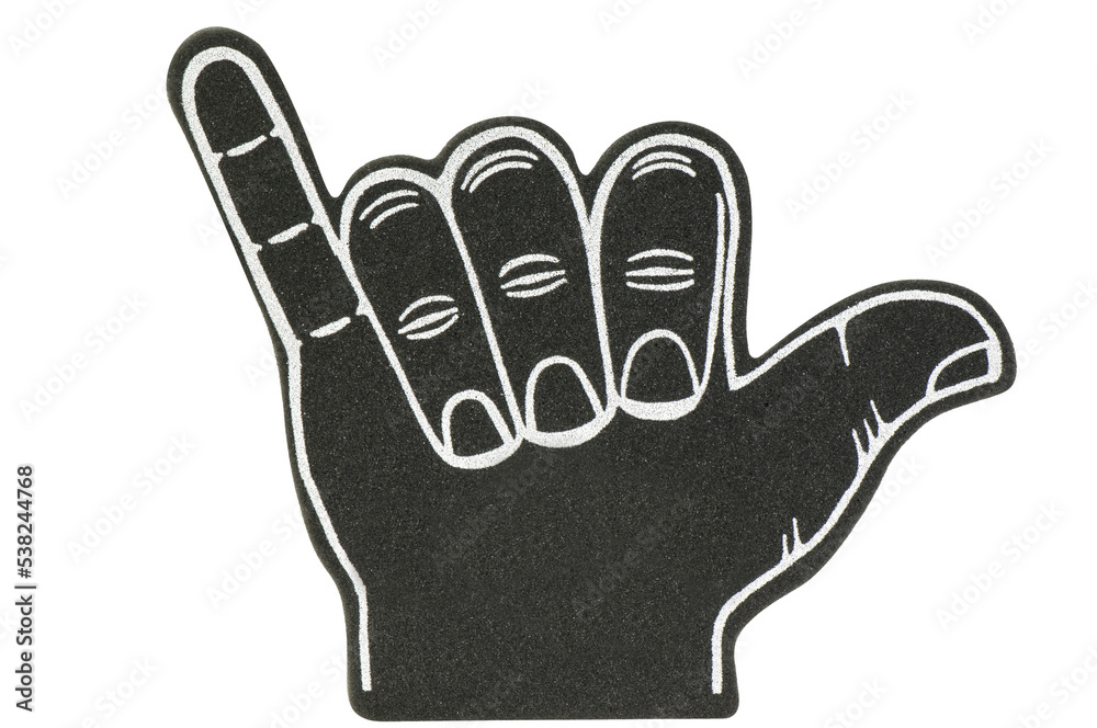 Isolated black foam hang loose hand for team spirit Isolated black foam hang loose hand for team spirit