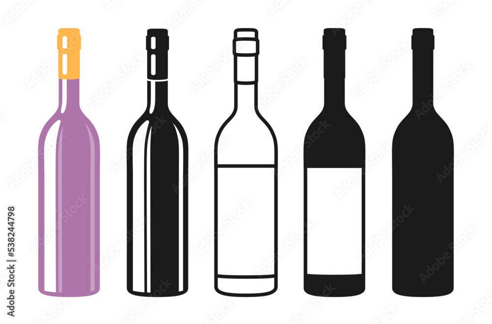 Wine bottle symbol set, silhouette, icon, stamp engraving design. Alcohol beverages red wine, champagne. Celebration winemaking advertisement bottles mockup for bar, cafe, restaurant vintage vector Wine bottle symbol set, silhouette, icon, stamp engraving design. Alcohol beverages red wine, champagne. Celebration winemaking advertisement bottles mockup for bar, cafe, restaurant vintage vector