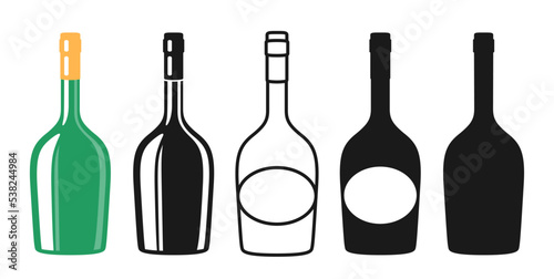 Wine champagne bottle and empty label set, silhouette, icon, stamp engraving design. Alcohol beverages sparkling wine, liquor. Celebration winemaking advertisement bottles mockup for bar, restaurant