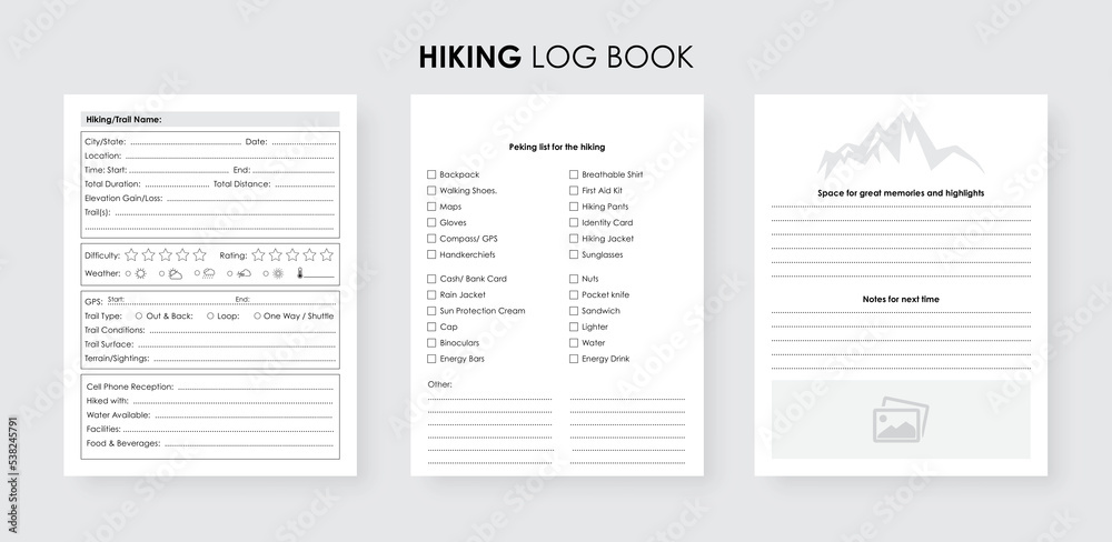 Hiking log book trekking journal, Tour and Travel checklist tracker notebook