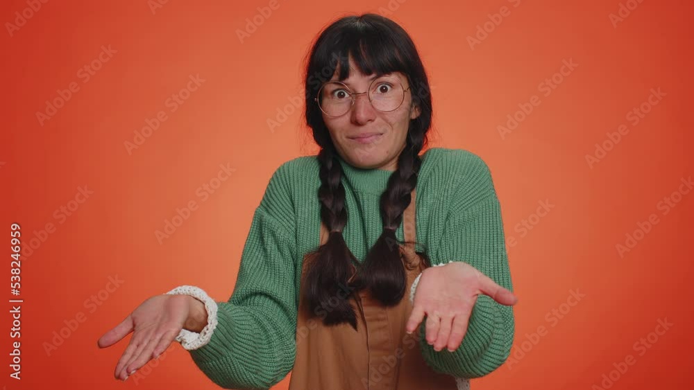 Woman raising hands asking what why reason of failure demonstrating ...